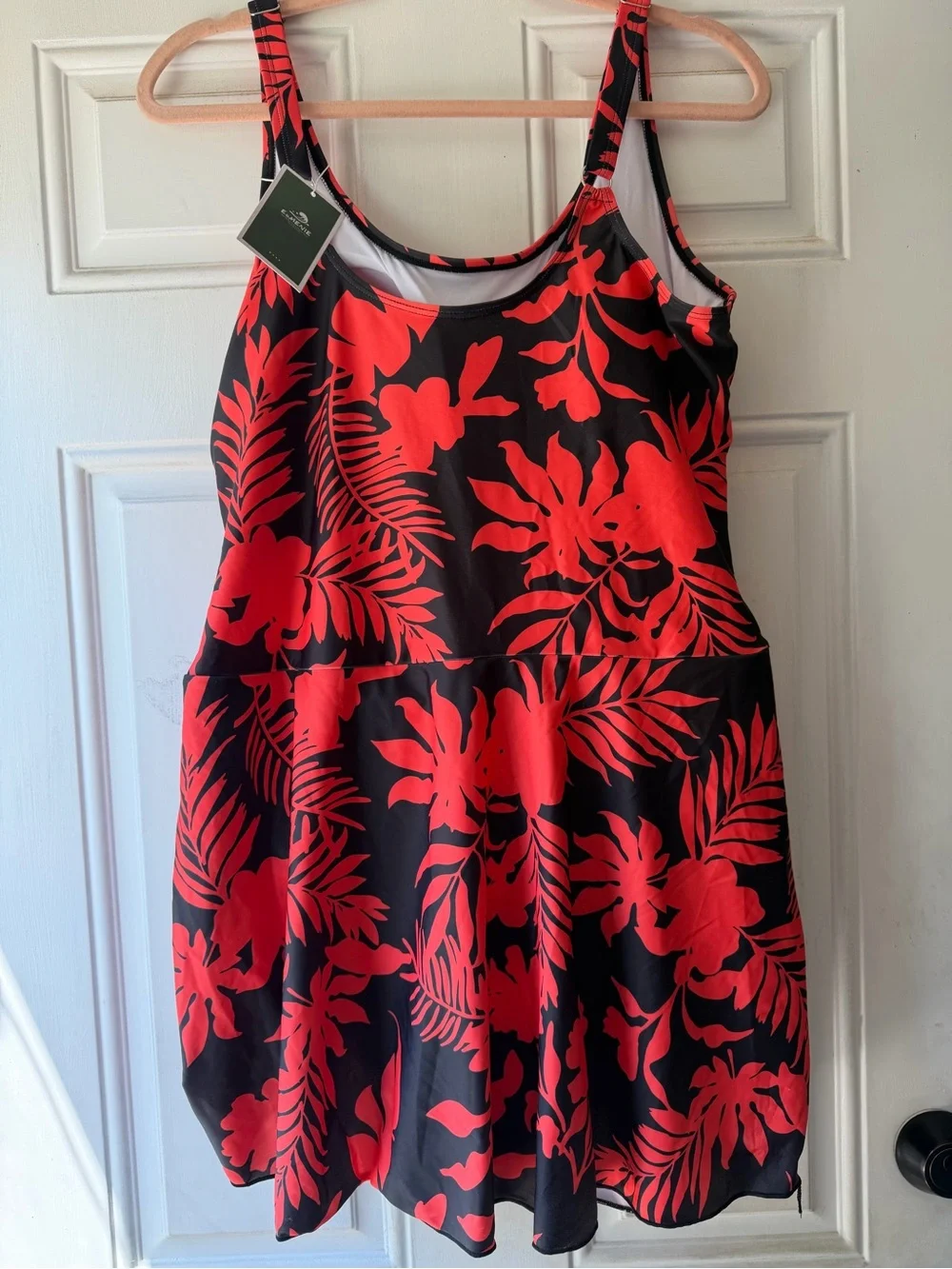 Plus Size Black and Coral Swim Dress with Tropical Print